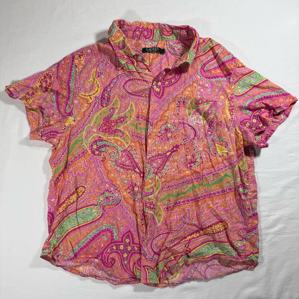Lauren Ralph Lauren Pink Paisley Short Sleeve Button Down Shirt XL Cotton Blend